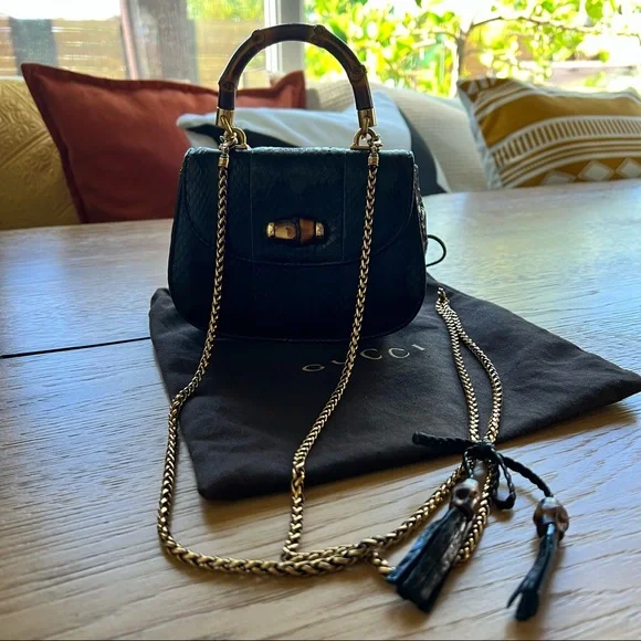 Gucci | Vintage 1947 Bamboo Mini Black Python Crossbody Two Way Chain Bag - Picture 3 of 17